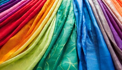 collection of rainbow colored silk scarves as a colorful rainbow background