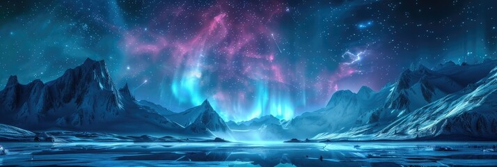 Aurora borealis over a frozen mountain landscape - A panoramic digital art of northern lights dancing above a snowy mountain terrain under a starry sky