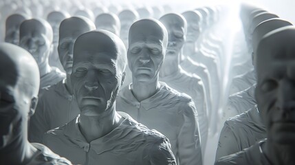 Obraz premium White Plastic Human Figures Standing in a Line in a Sci-Fi Context