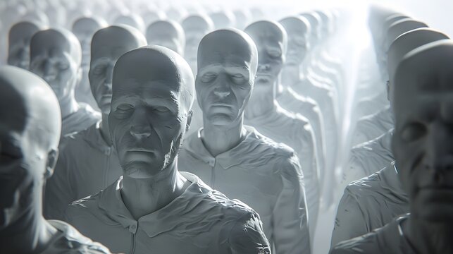 White Plastic Human Figures Standing in a Line in a Sci-Fi Context