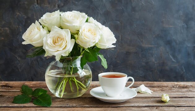 vase of white roses with tea
