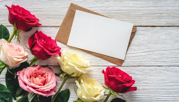 various roses on white rustic wooden background with empty card for greeting message mother s day and spring background concept holiday mock up top view