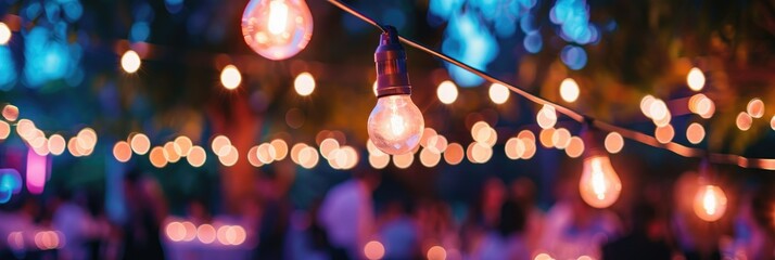 Festive outdoor lights decorating evening event - Beautiful outdoor string lights with glowing bulbs against a twilight sky create a festive and cozy atmosphere for an event or party - obrazy, fototapety, plakaty