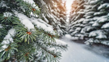 close up of snowy pine tree branches christmas and winter concept festive winter season