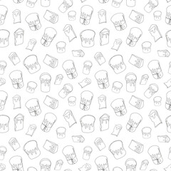 Seamless pattern of Easter Kulich cakes with icing. Continuous one line drawing. Traditional Ukrainian Easter cupcakes. Black and white vector isolated on white. For print, textile, wrapping paper