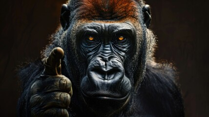 Gorilla making a pointing gesture, dramatic lighting - A detailed capture of a gorilla making a pointing gesture with suspenseful lighting emphasizing its features