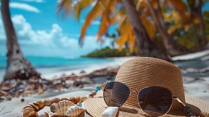 Close-up of a beach hat, sunglasses, and a seashell necklace on a sandy beach with palm trees swaying in the breeze - obrazy, fototapety, plakaty