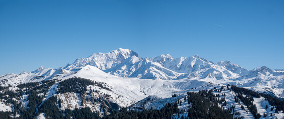 View of Mount Blanc in winter from Les Saisies Ski resort, French Alps