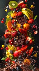 an explosion of fruits and chocolate, painted light background