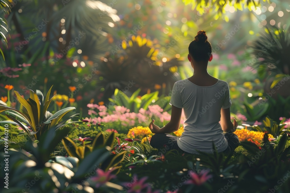 Wall mural Mindfulness practice featuring a person meditating in a tranquil forest.