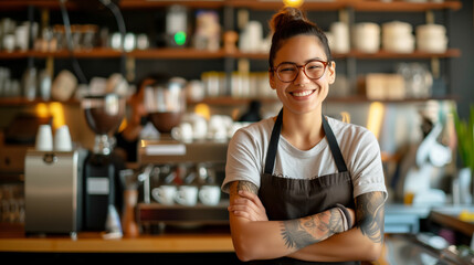 Smiling barista standing with arms crossed in a coffee shop - obrazy, fototapety, plakaty