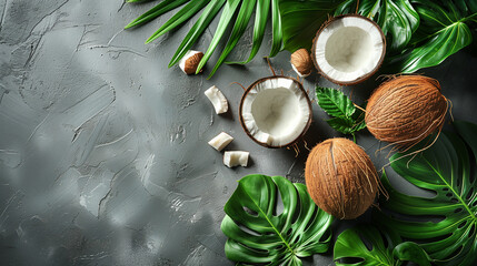 Fototapeta na wymiar Tropical coconut background top view