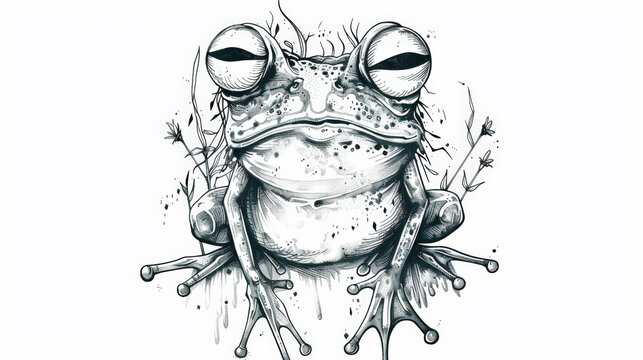 Whimsical Frazzled Frog: Ink Cartoon. Generative AI