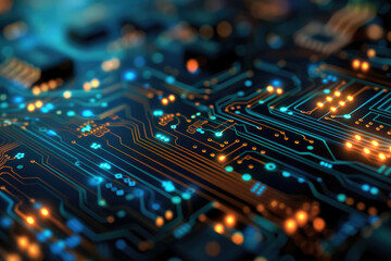 Circuit board with a microchips, technology background - obrazy, fototapety, plakaty