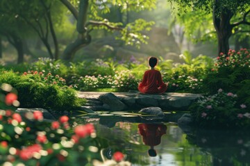 Mindfulness practice featuring a person meditating in a tranquil forest. - obrazy, fototapety, plakaty
