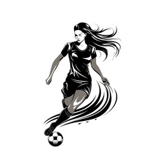 female athlete football Black and white female football player logo, white background.