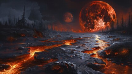 An apocalyptic scene showcasing streams of molten lava winding through a charred forest under a large, ominous red moon.