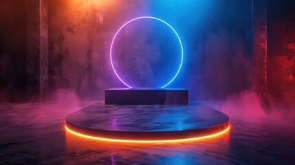 Fototapeta na wymiar A glowing neon circle creates a captivating focal point on a stage, surrounded by a mystical fog illuminated by contrasting pink and blue lights.