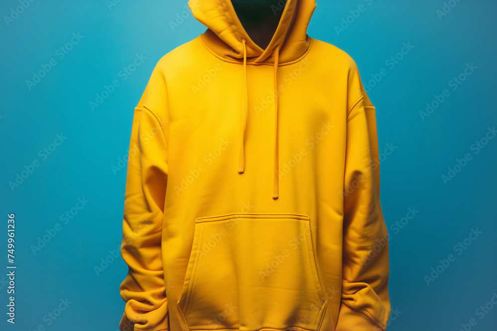 Wall mural A bright yellow hoodie on a blue, simple, solid background. Hoodie mockup. - Wall murals