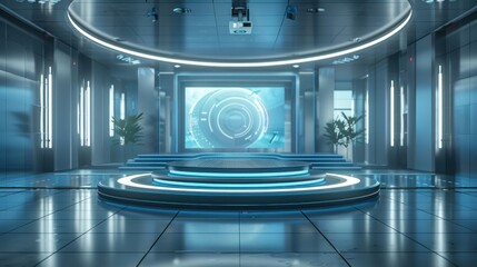 A sleek, advanced technology hub with circular holographic interface, illuminated by ambient blue lighting and modern architecture.