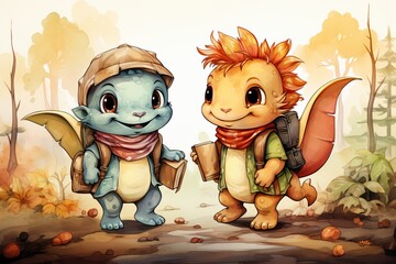 Cheerful dragons smiling and collecting fresh mushrooms in the enchanting autumn forest setting