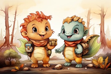 Cheerful dragons smiling and collecting fresh mushrooms in the enchanting autumn forest setting
