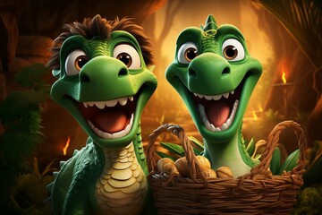 Cheerful dragons smiling and collecting fresh mushrooms in the enchanting autumn forest setting