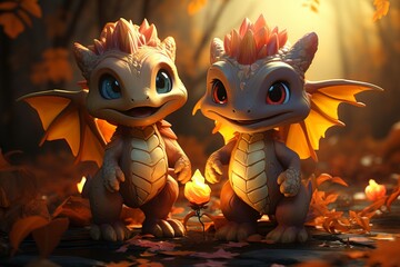 Cheerful dragons smiling and collecting fresh mushrooms in the enchanting autumn forest setting