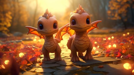Cheerful dragons smiling and collecting fresh mushrooms in the enchanting autumn forest setting