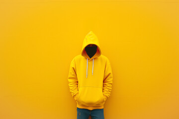 A bright yellow hoodie on a yellow, simple, solid background. Hoodie mockup.