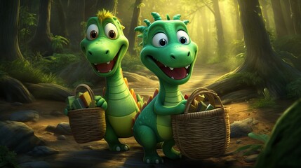 Cheerful dragons smiling and collecting fresh mushrooms in the enchanting autumn forest setting