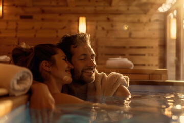 Smiling young couple relaxing with eyes closed in a steam sauna at the spa