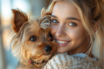 Close-Up of a Young Woman Embracing Her Yorkshire Terrier