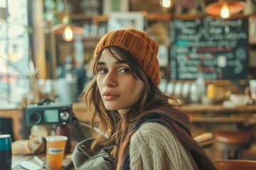Young Woman in Orange Beanie Contemplating in Cozy Cafe with Vintage Camera on Table