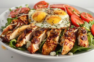 Obraz na płótnie Canvas Grilled chicken breast with sunny-side-up eggs on arugula salad garnished with tomatoes. Close-up shot for a healthy protein-rich meal concept. Design for cookbook, food blog, restaurant menu