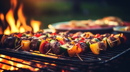 Close Up of Skewers of Food on a Grill - obrazy, fototapety, plakaty