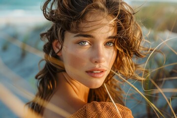 Portrait of a Young Woman with Sun-kissed Skin Looking Through Sea Oats on the Beach at Golden Hour