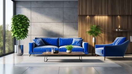 Blue Couch and Two Chairs in Living Room
