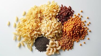 top view nutrition group of carbohydrates food at the center, plain white background