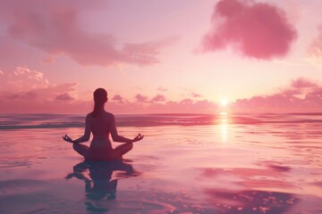 A modern and health conscious woman practicing yoga on a serene beach at sunrise. - obrazy, fototapety, plakaty