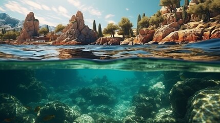 Underwater View of Rocky Beach With Trees and Rocks