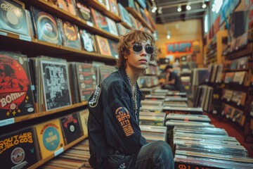 Fototapeta premium Stylish Young Man Exploring Vintage Vinyl Records in a Retro Music Store with Colorful Album Art