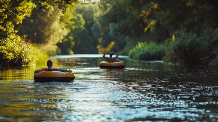 A pair of friends lazily drifting down a calm river on inner tubes, the only sound the gentle lapping of water against rubber - obrazy, fototapety, plakaty
