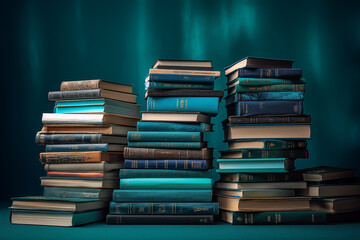 Old vintage books on turquoise background. Many hardcover books. Collection of Antique books - obrazy, fototapety, plakaty