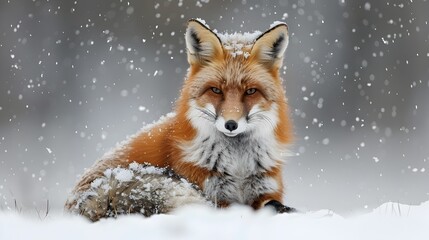 Red Fox Sitting in Snow Covered Forest