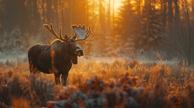 Moose in Snowy Field at Sunrise