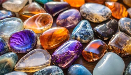 Obraz na płótnie Canvas collection of semi precious shiny reflective stones gemstones background agate in blue purple and orange used in alternative medicine and crystal healing