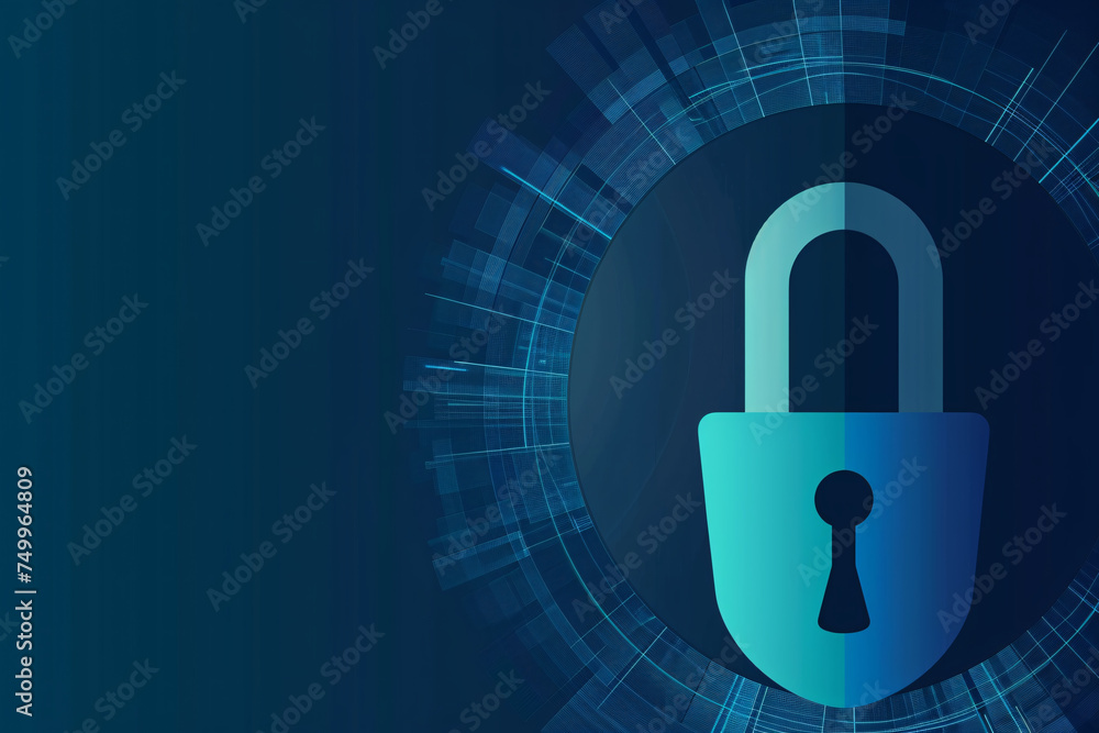 Poster blue digital padlock on dark background with tech patterns