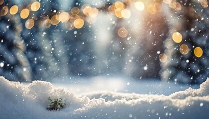 Fototapeta na wymiar snow covered ground falling snowflakes and blurry festive lights winter landscape christmas background with copyspace
