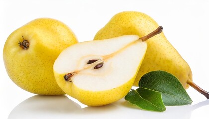 two yellow pears and quarter split isolated on white